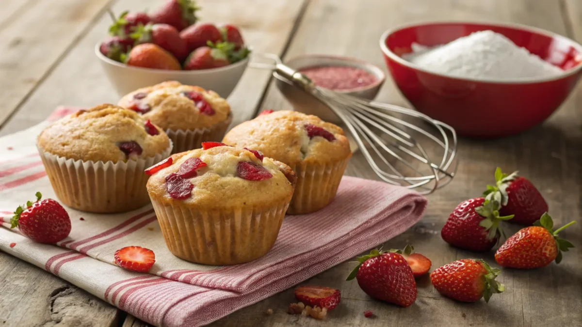 Golden-brown strawberry muffin Recipe surrounded by fresh strawberries, sugar, and a whisk on a rustic wooden table.