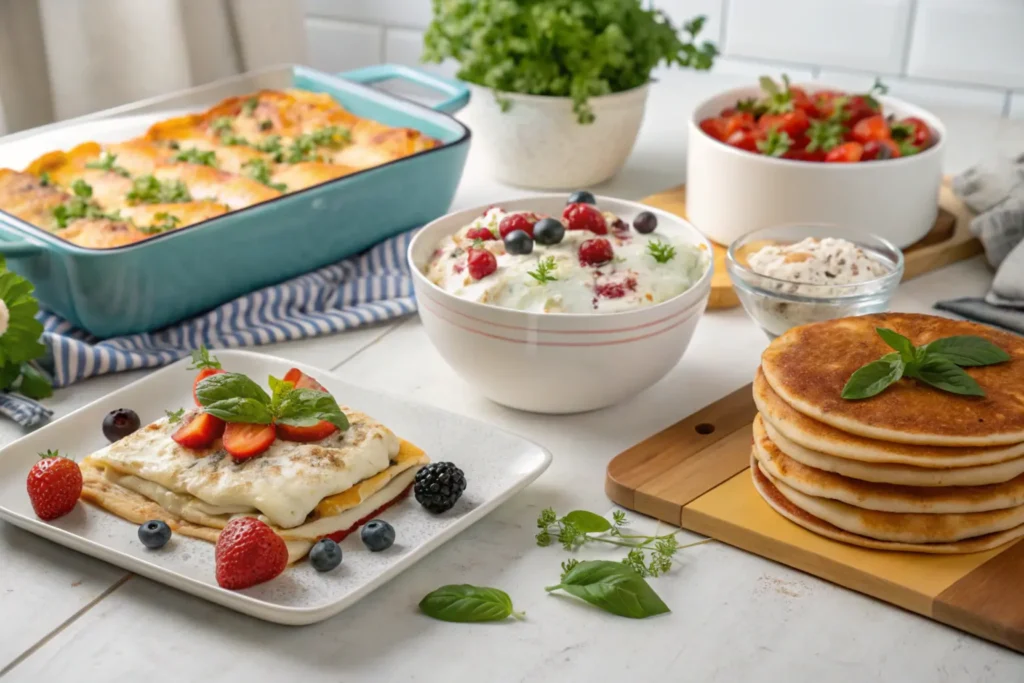 A table spread with Cottage Cheese Recipes, including lasagna, parfaits, and pancakes, styled with fresh herbs in a bright kitchen.