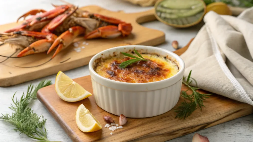 Caramelized Crab brulee recipe served in a ramekin, garnished with dill and a lemon wedge, surrounded by fresh crab and herbs on a wooden board.