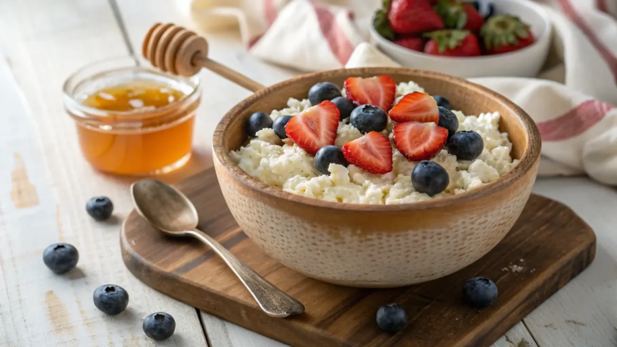 Most popular way to eat cottage cheese. "Bowl of cottage cheese with fresh fruit and honey."