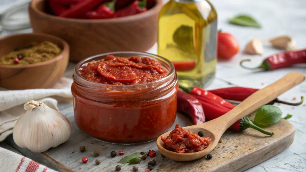 A jar of Calabrian chili paste surrounded by fresh Calabrian peppers, garlic cloves, and olive oil on a rustic wooden table.