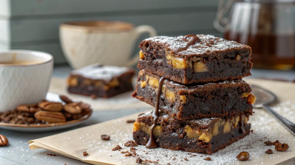 A close-up of thick, fudgy killer brownies with gooey caramel layers and a dusting of powdered sugar, stacked on a wooden board.