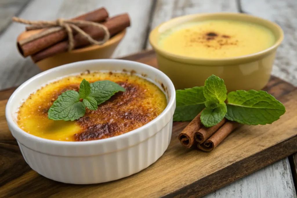 difference between crème brûlée and custard : Crème brûlée with caramelized sugar topping and custard garnished with cinnamon on a wooden table.