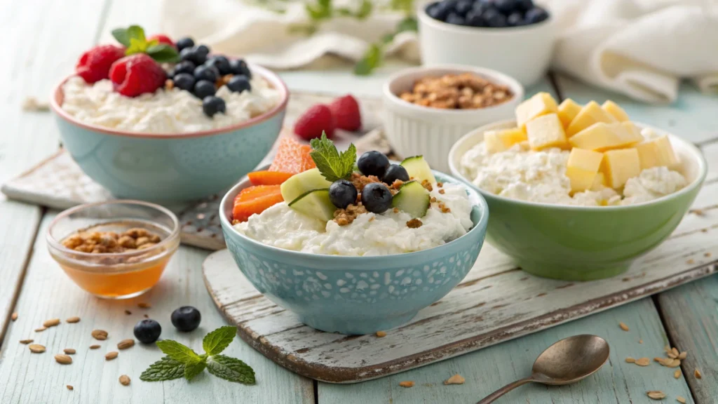 What does cottage cheese mix well with? A spread of cottage cheese bowls with fruits, vegetables, and toppings on a rustic table.