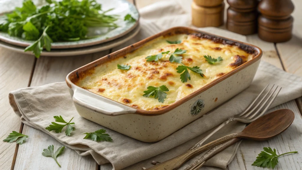 What does cottage cheese taste like cooked? Golden baked cottage cheese casserole garnished with parsley on a rustic wooden table.