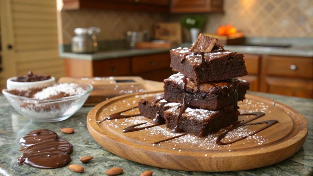 Ingredients for the Ghirardelli brownie mix recipe, including brownie mix, vegetable oil, water, and an egg, placed on a kitchen counter