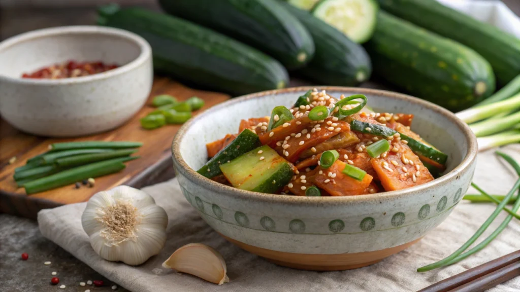 Freshly prepared cucumber kimchi recipe garnished with sesame seeds in a traditional Korean bowl.
