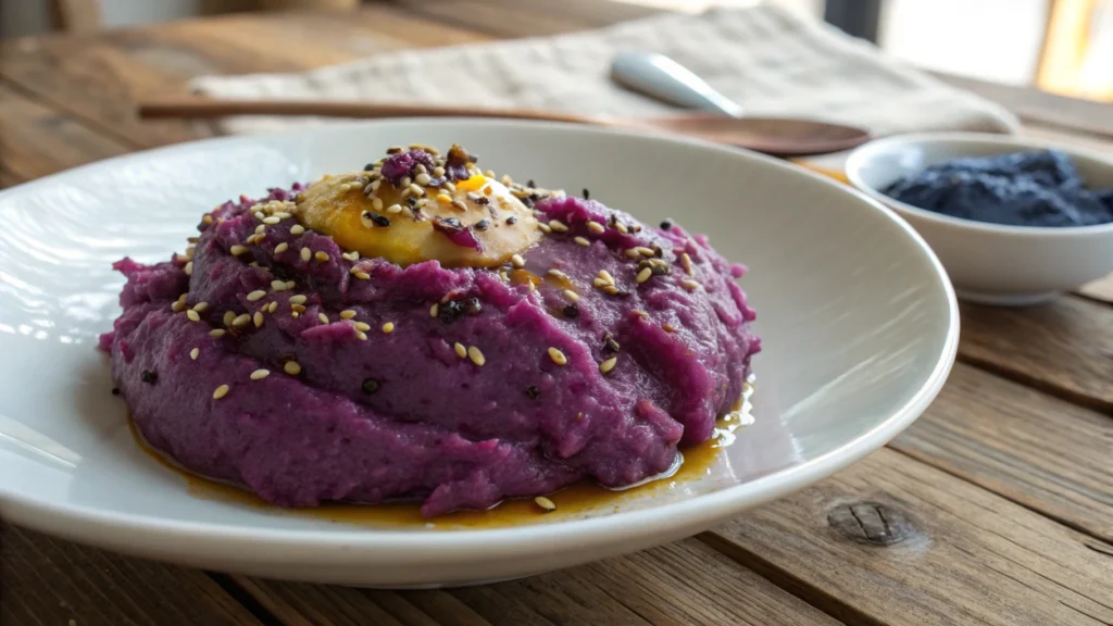 A creamy, mashed purple sweet potato recipe served on a white plate, garnished with sesame seeds and melted butter, placed on a rustic wooden table.