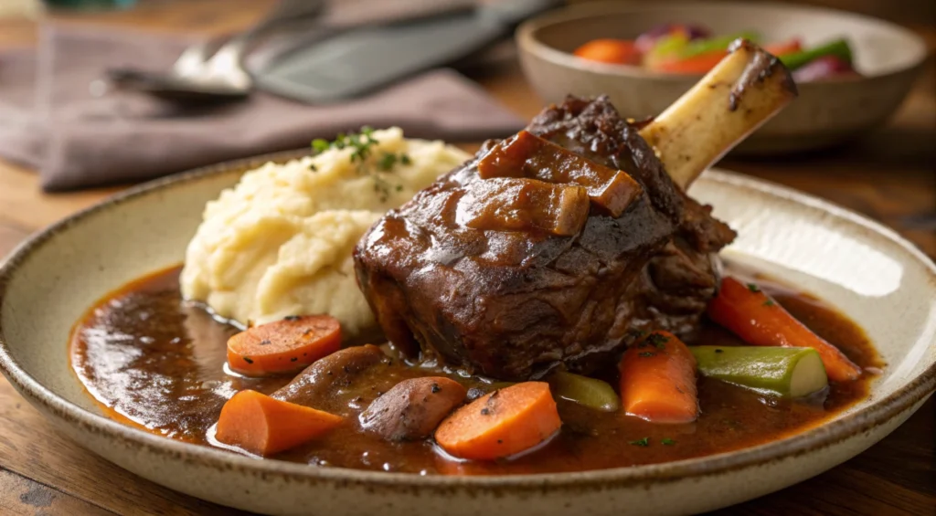 Tender braised bone-in beef shank served with rich sauce and vegetables, a perfect result of bone-in shank recipes in a pressure cooker.