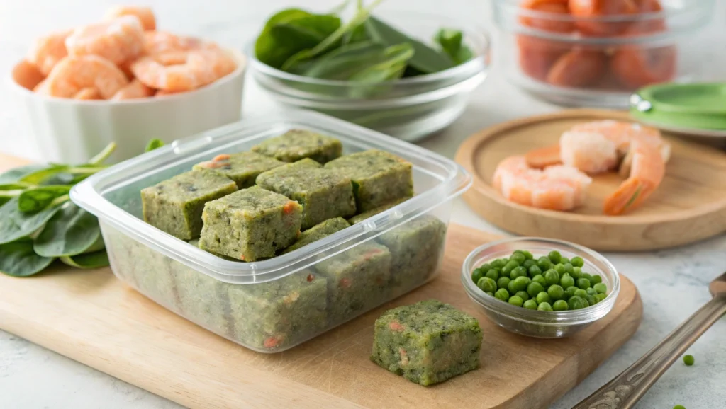 Freshly prepared homemade fish food recipe cubes, made with shrimp, spirulina, and vegetables, stored in an airtight container on a kitchen counter.