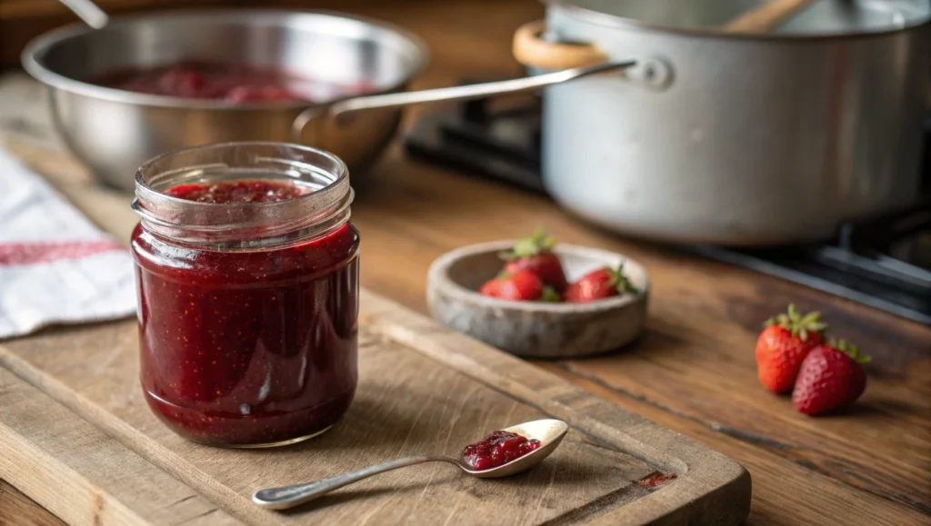 A jar of homemade strawberry jam made with a Sure Jell recipe, placed on a rustic wooden kitchen counter with fresh strawberries in the background.