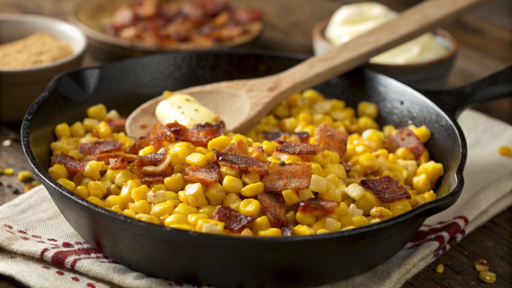 Classic Southern fried corn recipe in a cast iron skillet with crispy bacon and butter, a perfect homemade side dish.