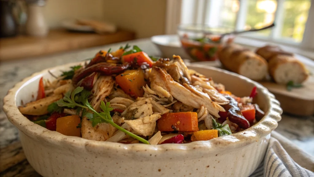 A delicious homemade meal using recipes for leftover rotisserie chicken, served with roasted vegetables and fresh herbs in a white ceramic bowl.