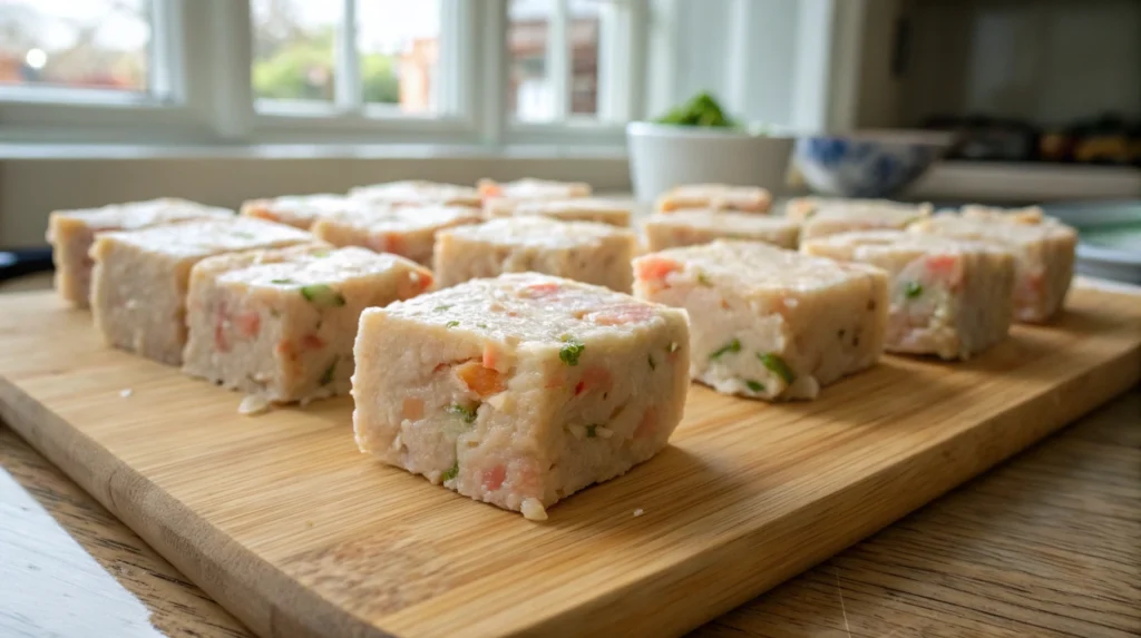 Freshly prepared Homemade Fish Food Guide frozen into cubes, featuring a mix of shrimp, vegetables, and fish meal, ready for feeding.