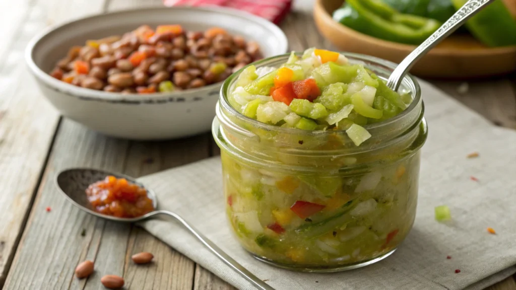 A jar of homemade Southern chow chow recipe with vibrant chopped vegetables, placed on a rustic wooden table, showcasing its chunky texture.