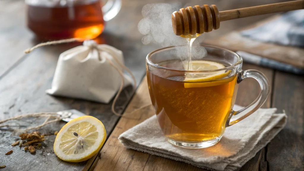 A warm cup of Starbucks Medicine Ball tea with steam rising, garnished with a lemon slice and honey drizzle, perfect for cozy moments.