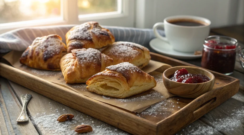 Golden brown Swiss Gipfeli pastries on a rustic wooden tray, freshly baked with flaky layers, served with coffee and jam.