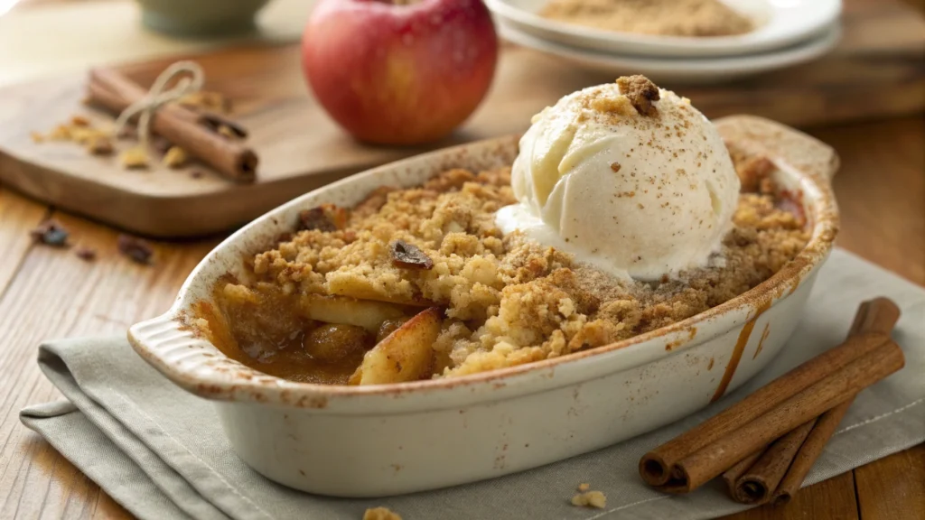 A golden apple crumble with bubbling edges, served with a scoop of vanilla ice cream, highlighting what is the secret to good crumble.
