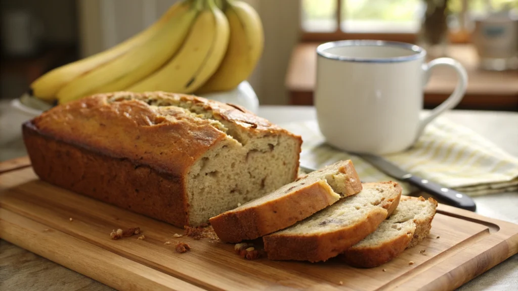 A perfectly baked banana bread loaf with a moist, fluffy texture—avoid common mistakes when making banana bread for the best results.
