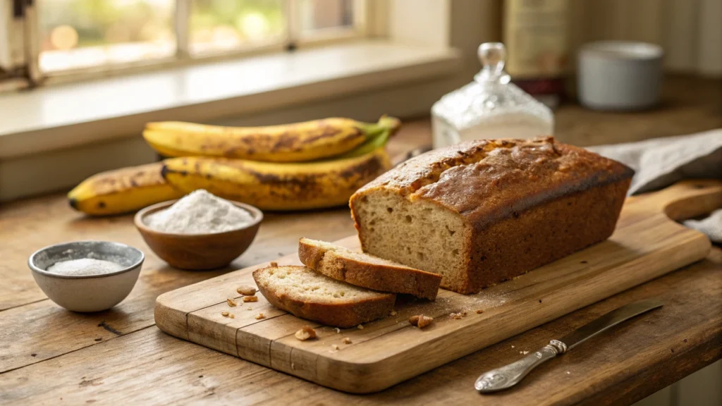 What is the formula for banana bread? A freshly baked banana bread loaf with a golden brown crust, sliced to reveal its moist texture, alongside ripe bananas and baking ingredients on a wooden kitchen counter.