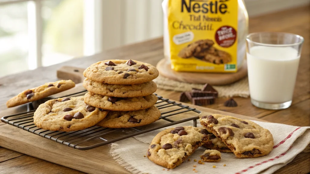 A batch of freshly baked Nestlé Toll House chocolate chip cookies with gooey melted chocolate, stacked on a cooling rack with a glass of milk.