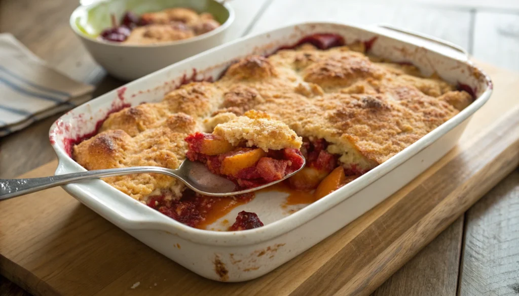 A golden, crispy dump cake with a bubbling fruit filling in a white baking dish, showcasing the final result. The perfect dessert after avoiding the biggest mistake to avoid when making a dump cake.
