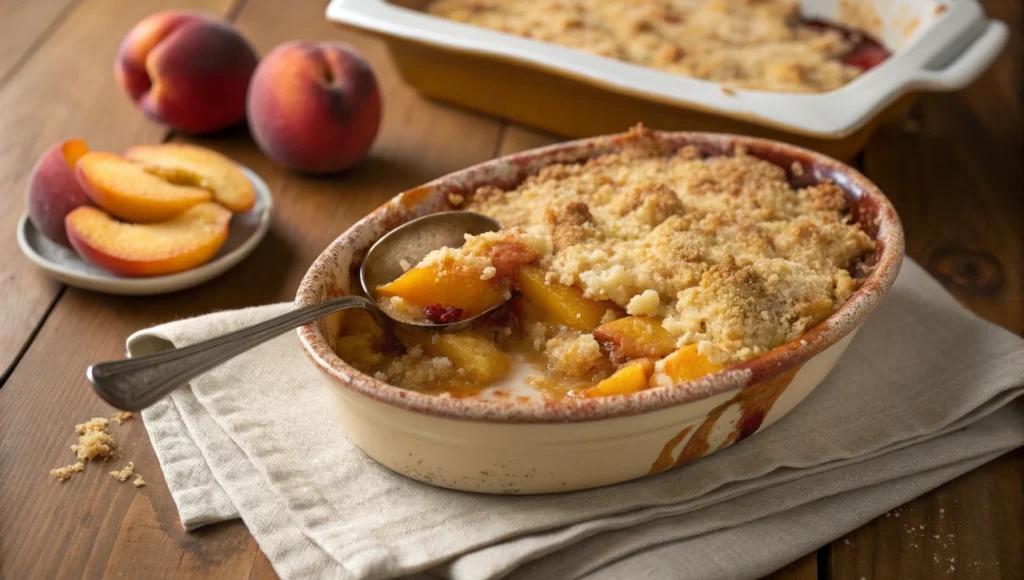Homemade Peach Crumble Recipe with a golden, crispy topping and juicy peach filling, fresh from the oven, served in a rustic dish.