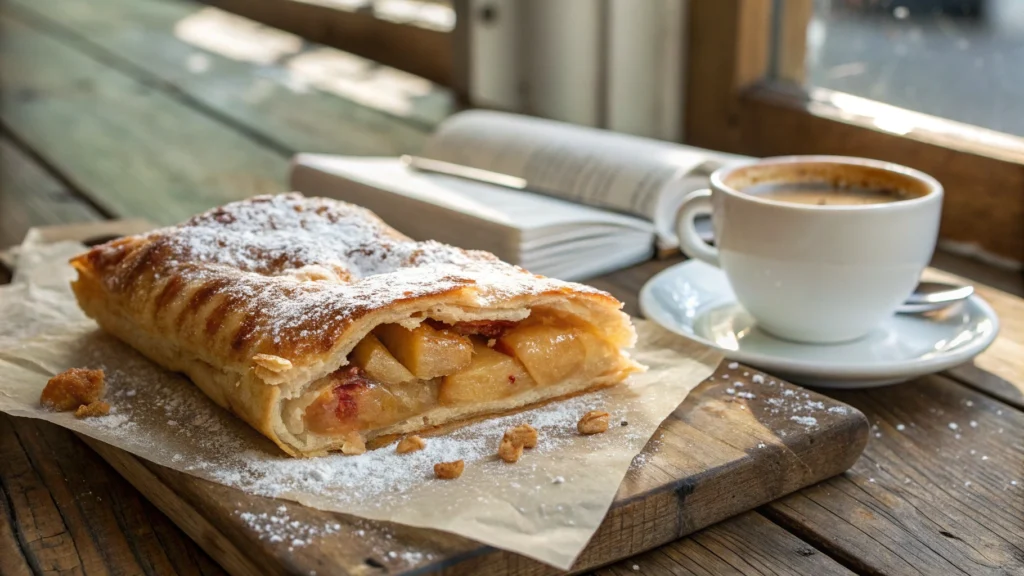 A golden, flaky puff pastry dessert with visible layers and a fruit filling, dusted with powdered sugar and served on a rustic wooden table.
