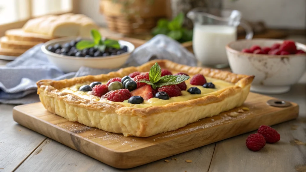 A golden, flaky puff pastry tart with a creamy filling and fresh berries. Should I bake puff pastry before filling it?