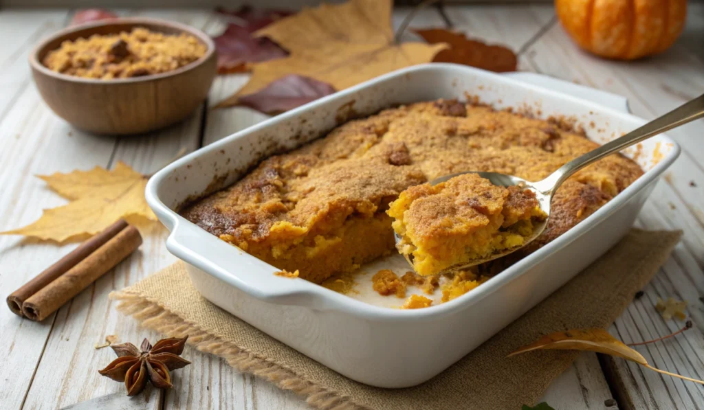 A freshly baked pumpkin dump cake with a golden, crispy topping and warm spiced pumpkin filling, served in a white ceramic dish.