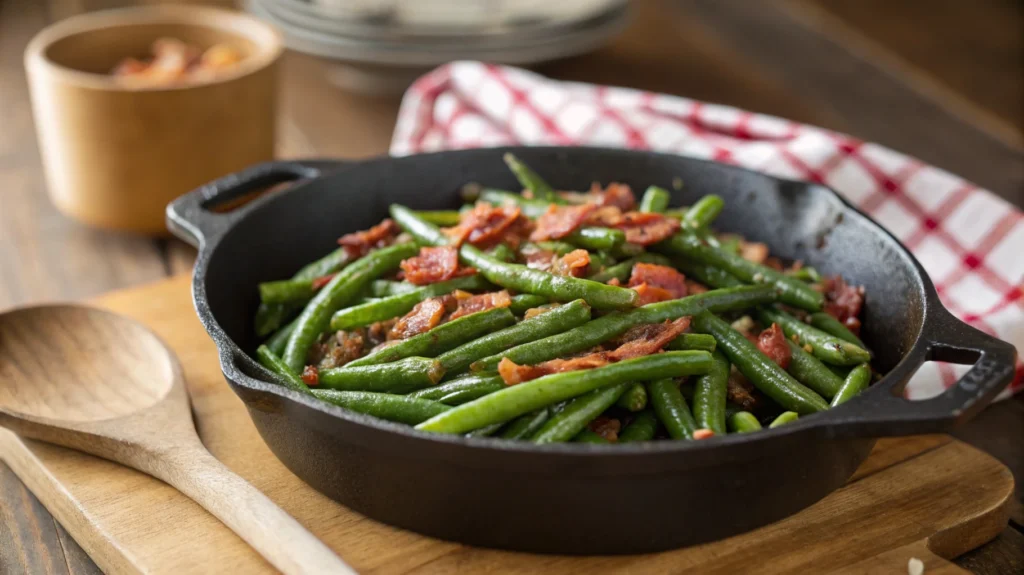 Crispy bacon sizzling in a cast iron skillet with fresh green beans being stirred in.