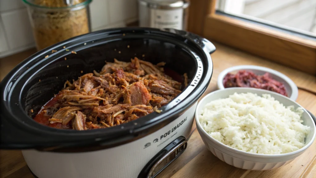 Slow-cooked keto crockpot recipes, shredded and coated in sugar-free BBQ sauce, served with cauliflower rice.