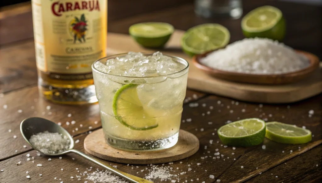 A freshly made Caipirinha cocktail in a short glass with muddled lime pieces, crushed ice, and a lime garnish. The perfect Caipirinha recipe result.