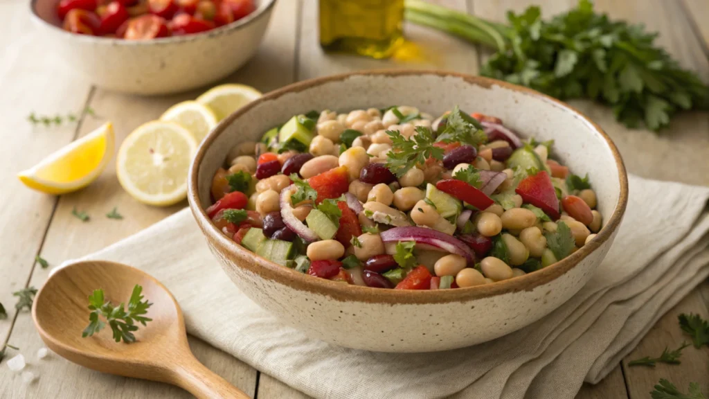 A bowl of fresh dense bean salad with chickpeas, navy beans, vegetables, and lemon dressing, served on a rustic wooden table.