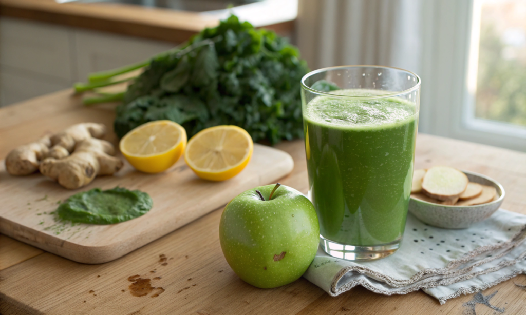 juicer recipes Fresh green detox juice made with apple, lemon, ginger, spinach, and kale, served in a glass with natural light on a wooden counter.