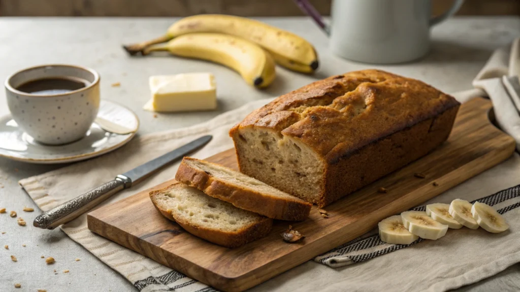 A freshly baked banana bread loaf made with 2 bananas, sliced on a wooden board, with a butter knife and coffee in the background.