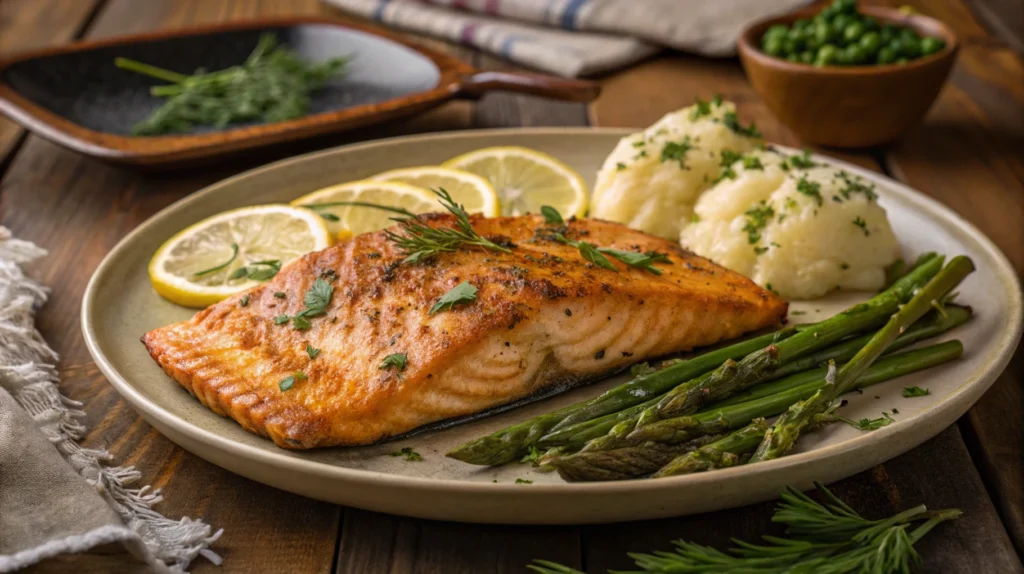 Pan-seared steelhead trout fillet with crispy skin, garnished with lemon and herbs, served with roasted asparagus and mashed potatoes.