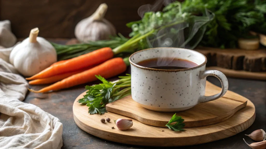 Why do I feel weird after drinking bone broth? A cup of steaming bone broth with herbs and vegetables on a rustic table.