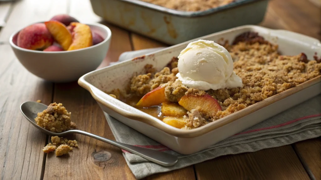 Golden homemade peach crisp with crumbly topping and juicy peaches, answering why is my peach crisp soggy.