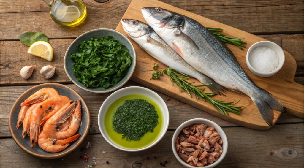 Best ingredients for fish food: a display of krill, spirulina, vegetables, and fish oil, essential for a balanced fish diet.