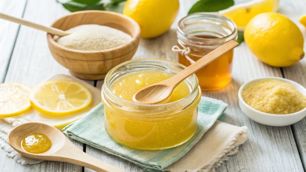 Golden Sugar wax recipe in a jar with a wooden spatula and surrounding ingredients like sugar, lemon, and water.