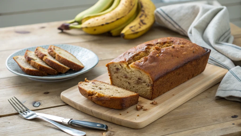 What if you don't have ripe bananas but still want to make banana bread? A freshly baked banana bread loaf with a golden brown crust, sliced to reveal its moist texture, placed on a wooden counter with ripe bananas.