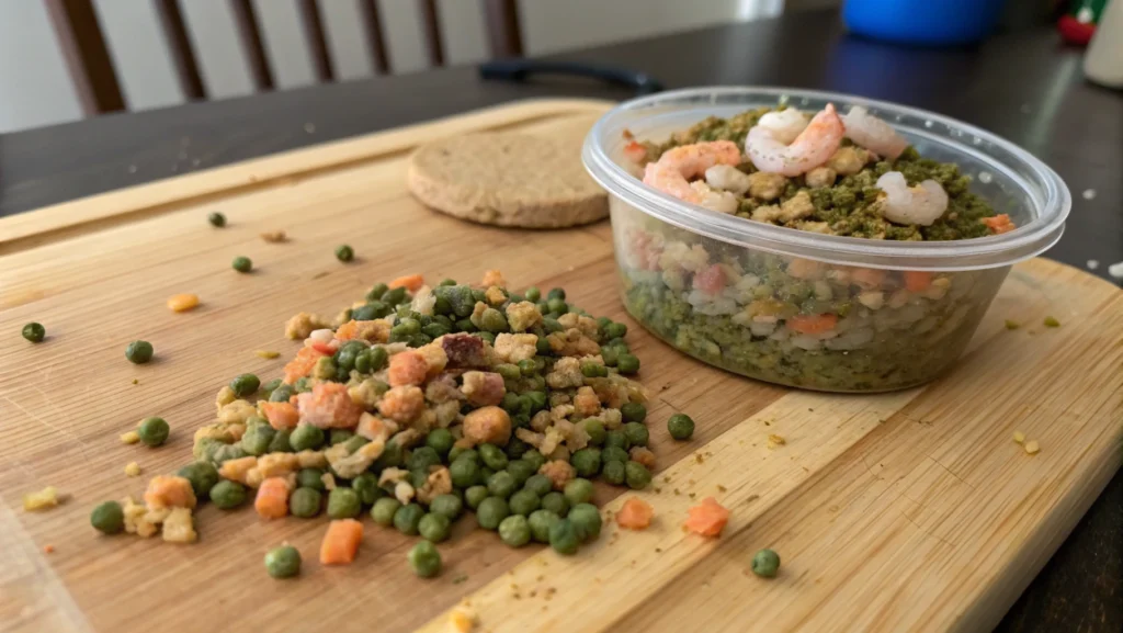 Freshly How To Make Homemade Fish Feed, featuring natural ingredients like shrimp, spirulina, and vegetables in a small container on a wooden kitchen counter.