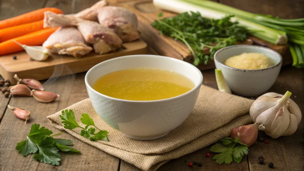 A steaming bowl of chicken bone broth with fresh ingredients on a wooden table.
