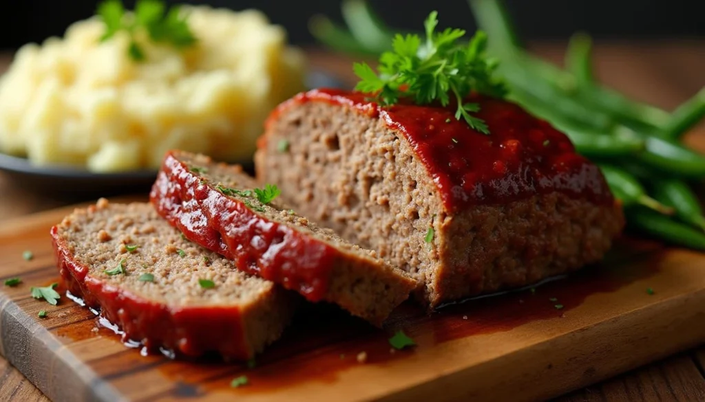 Freshly meatloaf recipe Lipton onion soup, garnished with parsley, surrounded by mashed potatoes and green beans.