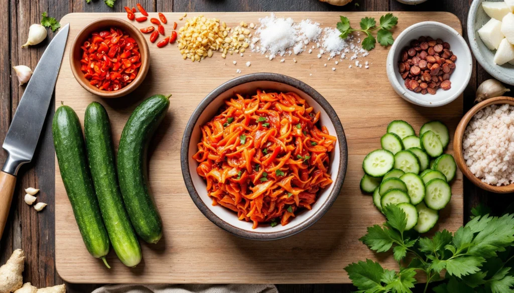 A vibrant flat lay of cucumber kimchi ingredients, including fresh Korean cucumbers, garlic, ginger, chili flakes, and sea salt, arranged on a wooden cutting board. A bowl of bright red cucumber kimchi sits at the center, showcasing its crunchy texture.