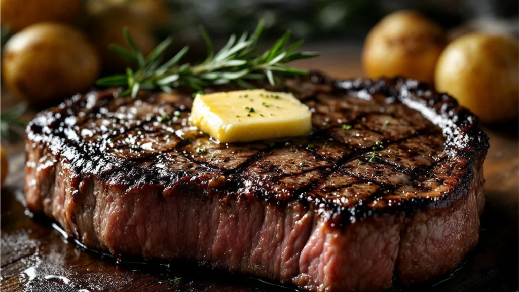 Medium-rare ribeye Steak and Potatoes Recipe with garlic butter and rosemary.