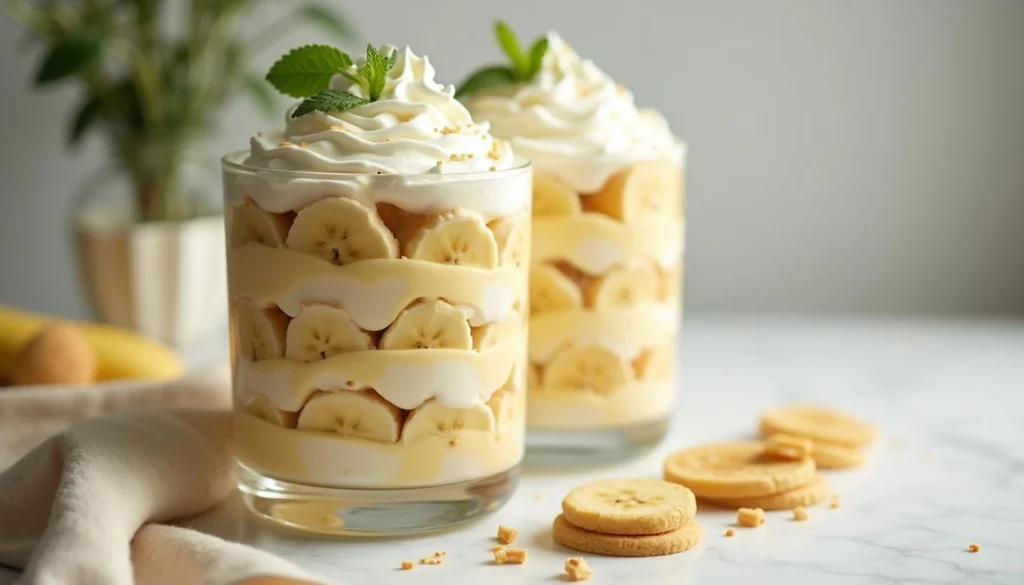 Layered simple banana pudding recipe in a glass trifle dish with wafers, bananas, and whipped cream.