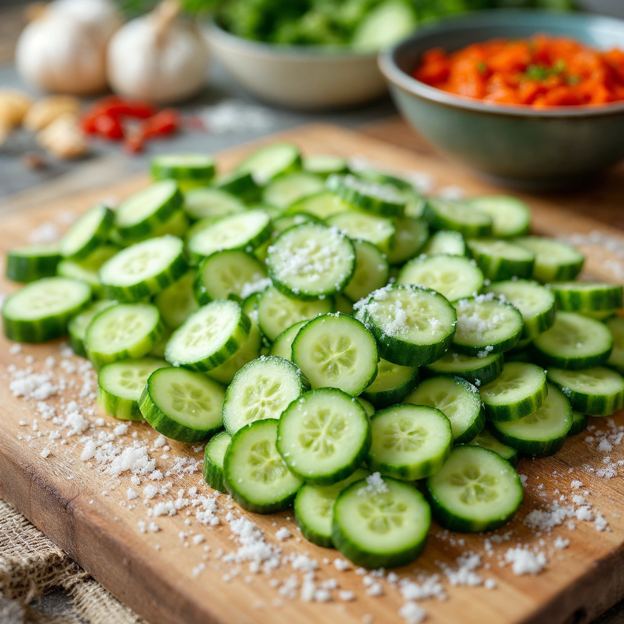 How to make cucumber kimchi less watery Close-up of cucumbers being salted for cucumber kimchi preparation, with spices and kimchi paste in the background.