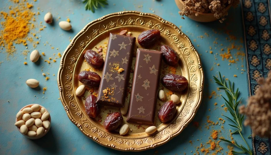 Luxurious Dubai chocolate recipe bars garnished with pistachios, saffron, and dates on a gold tray.